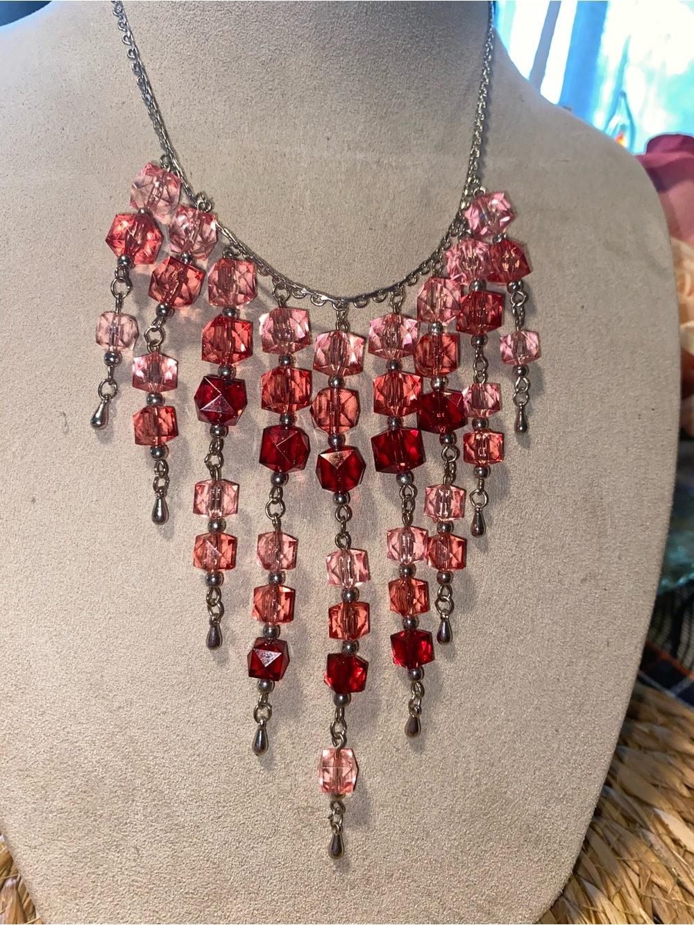 Statement Red & Pink Resin Crystal Fringe Necklace